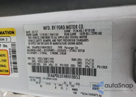2017 Ford Fusion Se Hybrid z USA, uszkodzony, nr VIN 3FA6P0LU1HR410053